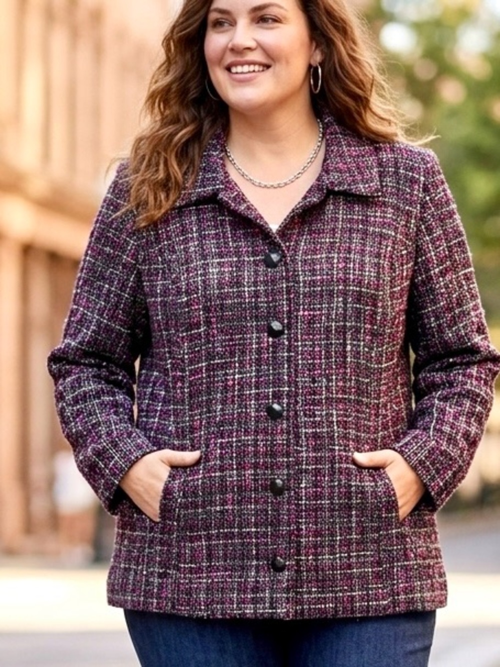 NWT CJ Banks 1X Tweed Blazer Jacket Purple Pink Textured Button Front Women Plus